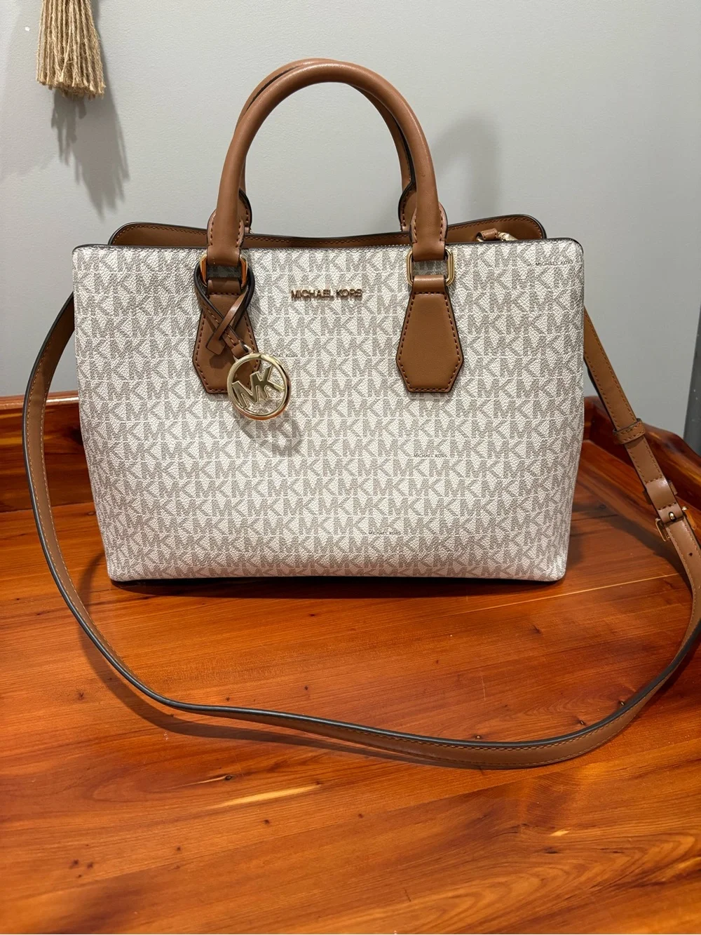 Michael Kors Cream MK Logo Satchel with Tan Trim